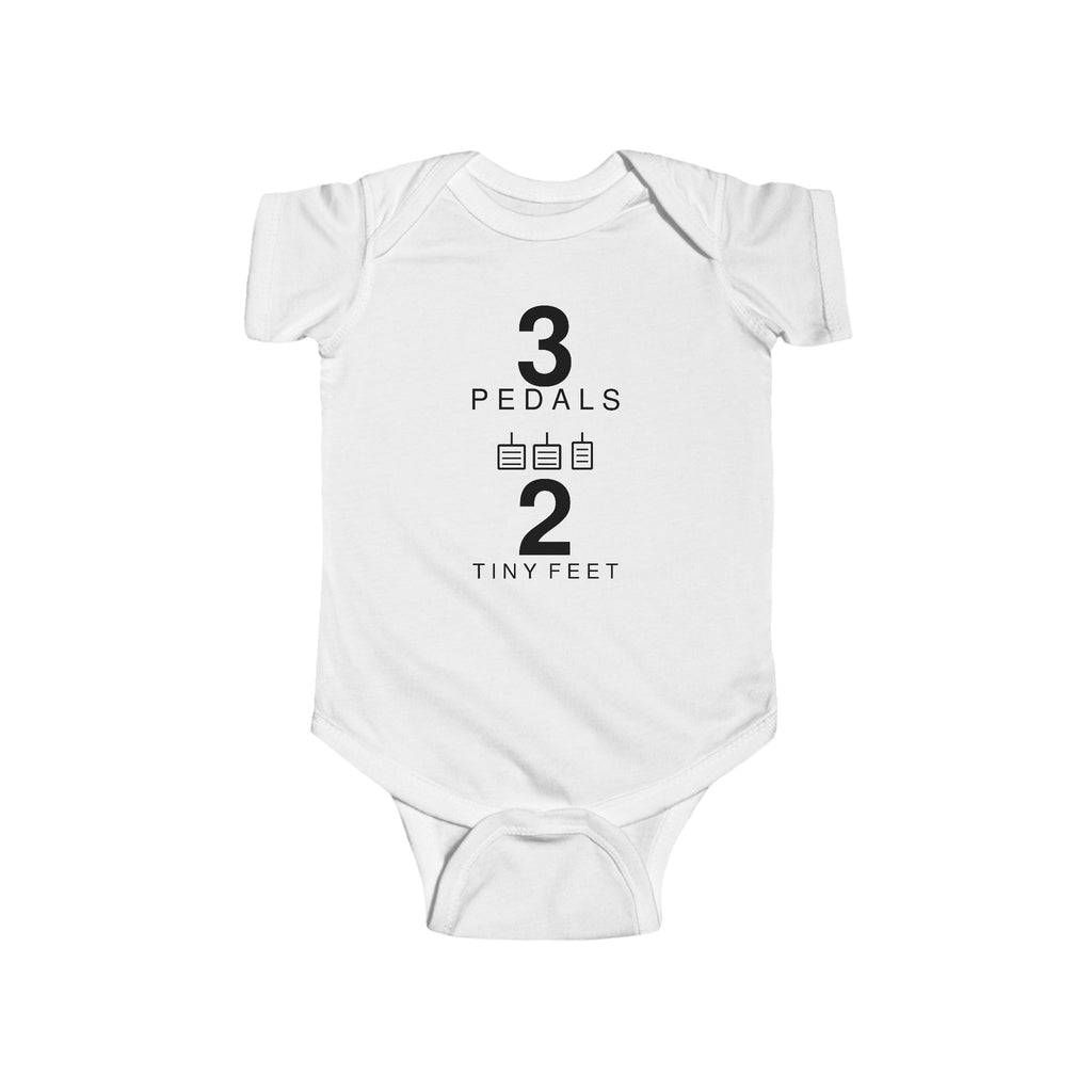 White baby bodysuit with Three Pedals graphic on front