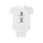 White baby bodysuit with Three Pedals graphic on front