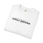 White crew-neck T-shirt with "Daily Driver" graphic logo on front