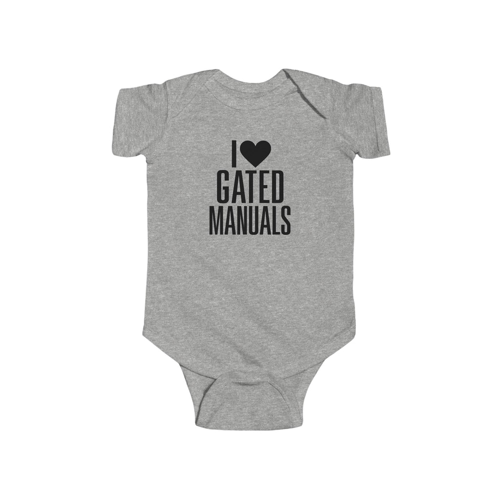 Heather gray baby bodysuit with 'I ♥ Gated Manuals' graphic on front