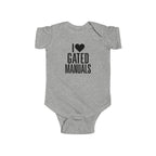 Heather gray baby bodysuit with 'I ♥ Gated Manuals' graphic on front