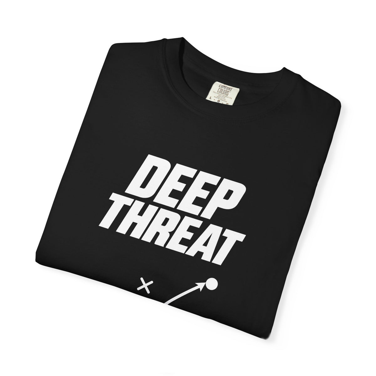 Black crewneck football t-shirt with large front “DEEP THREAT” print