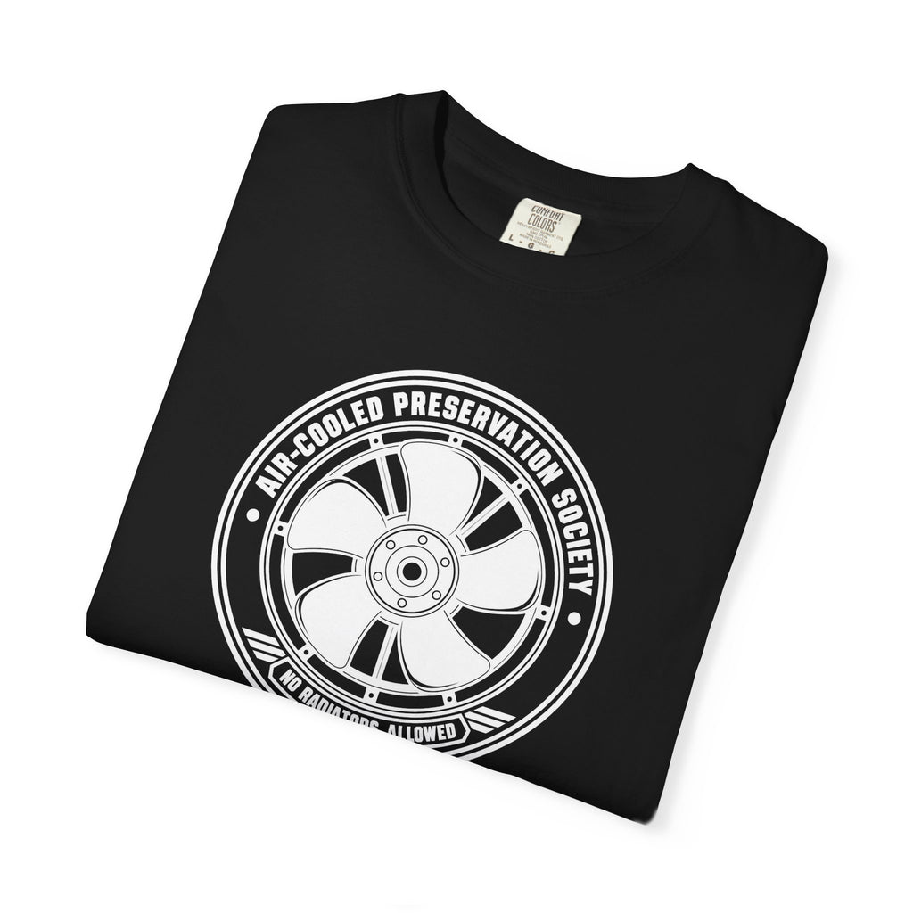 Black crew-neck T-shirt with large circular wheel logo print on the front