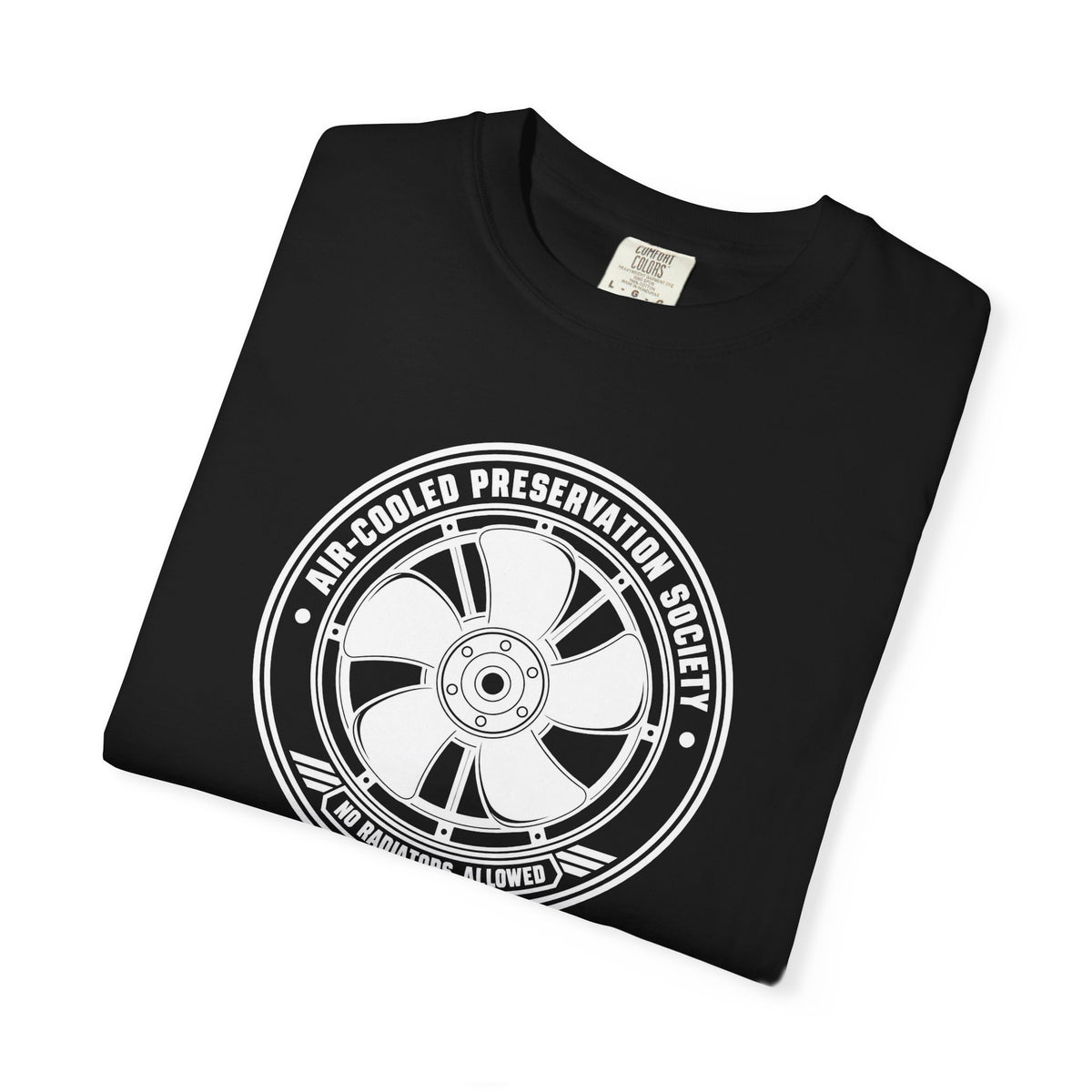 Black crew-neck T-shirt with large circular wheel logo print on the front