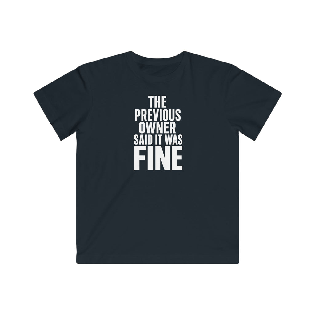 Kids graphic T-shirt, dark blue/black with 'FINE' slogan text print
