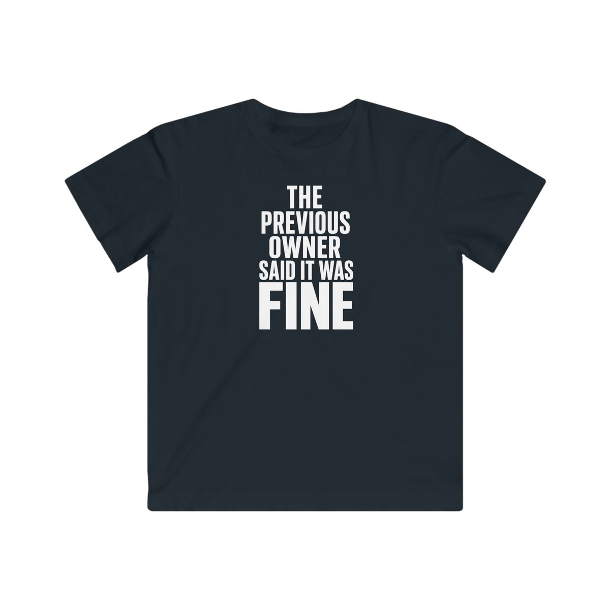 Kids graphic T-shirt, dark blue/black with 'FINE' slogan text print