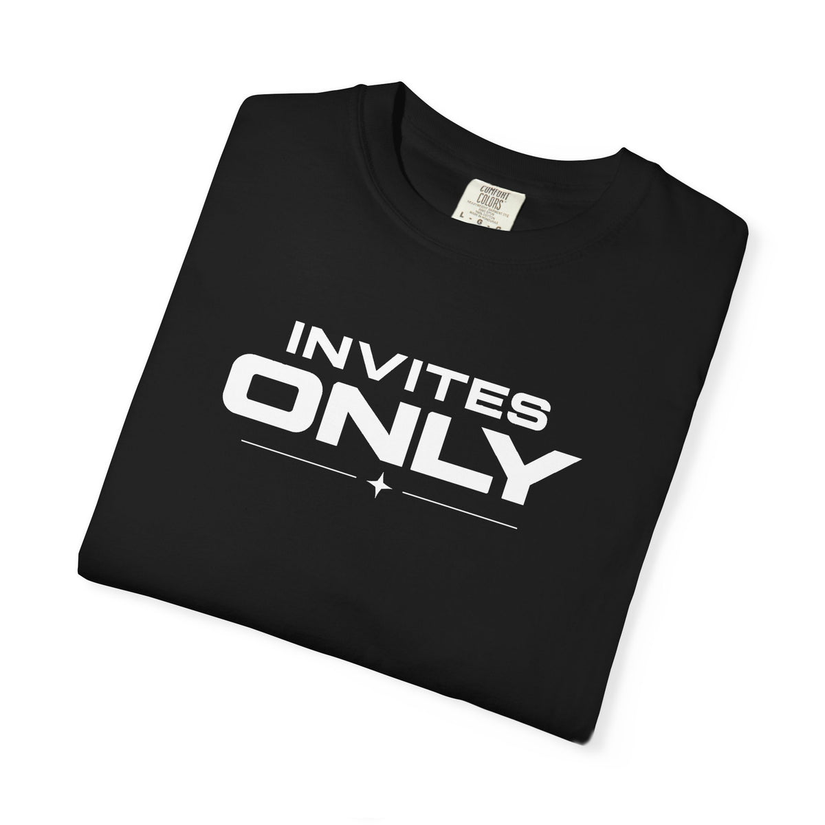 Black crew-neck T-shirt with white 'INVITES ONLY' logo graphic on front