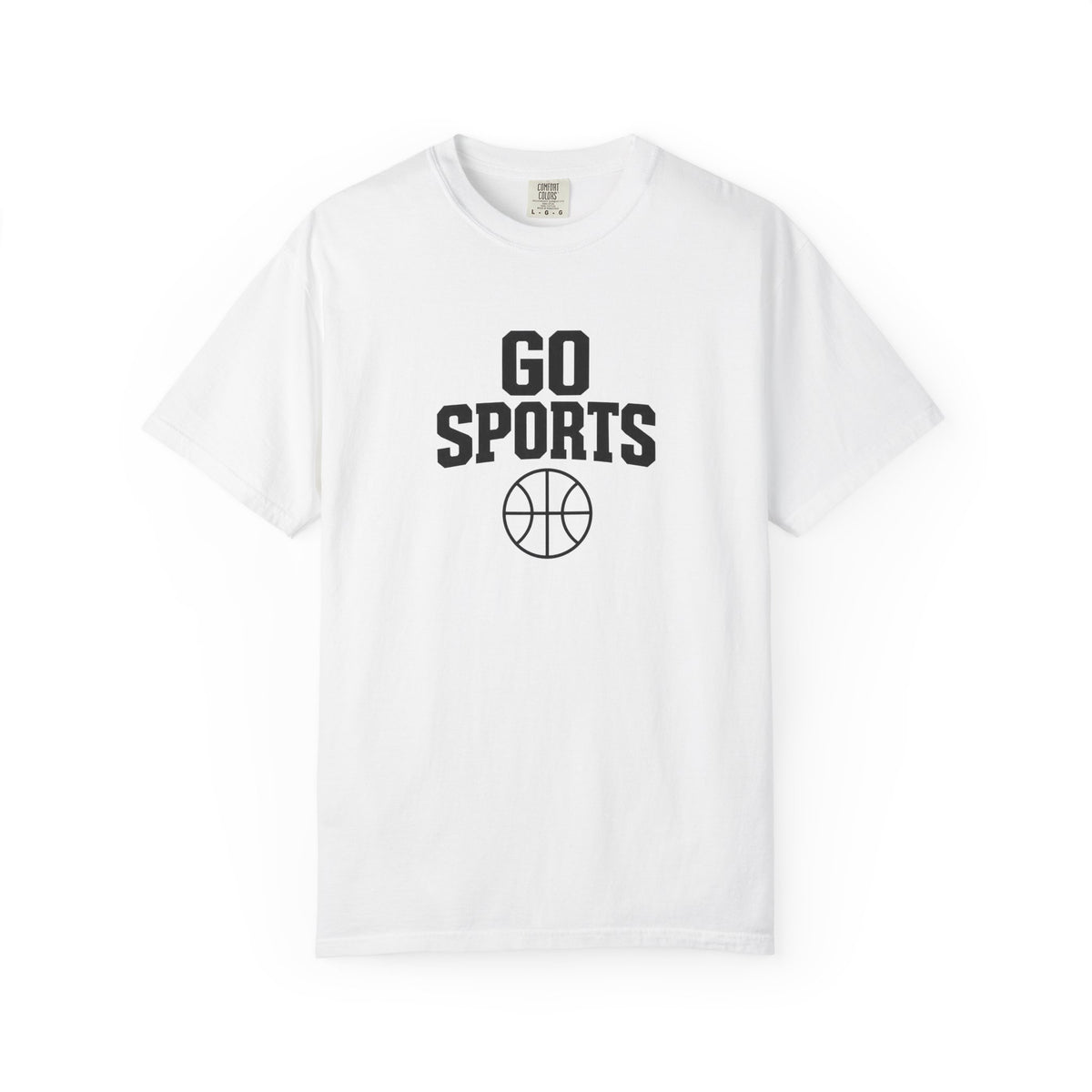 White basketball T-shirt with black “Go Sports” logo on front