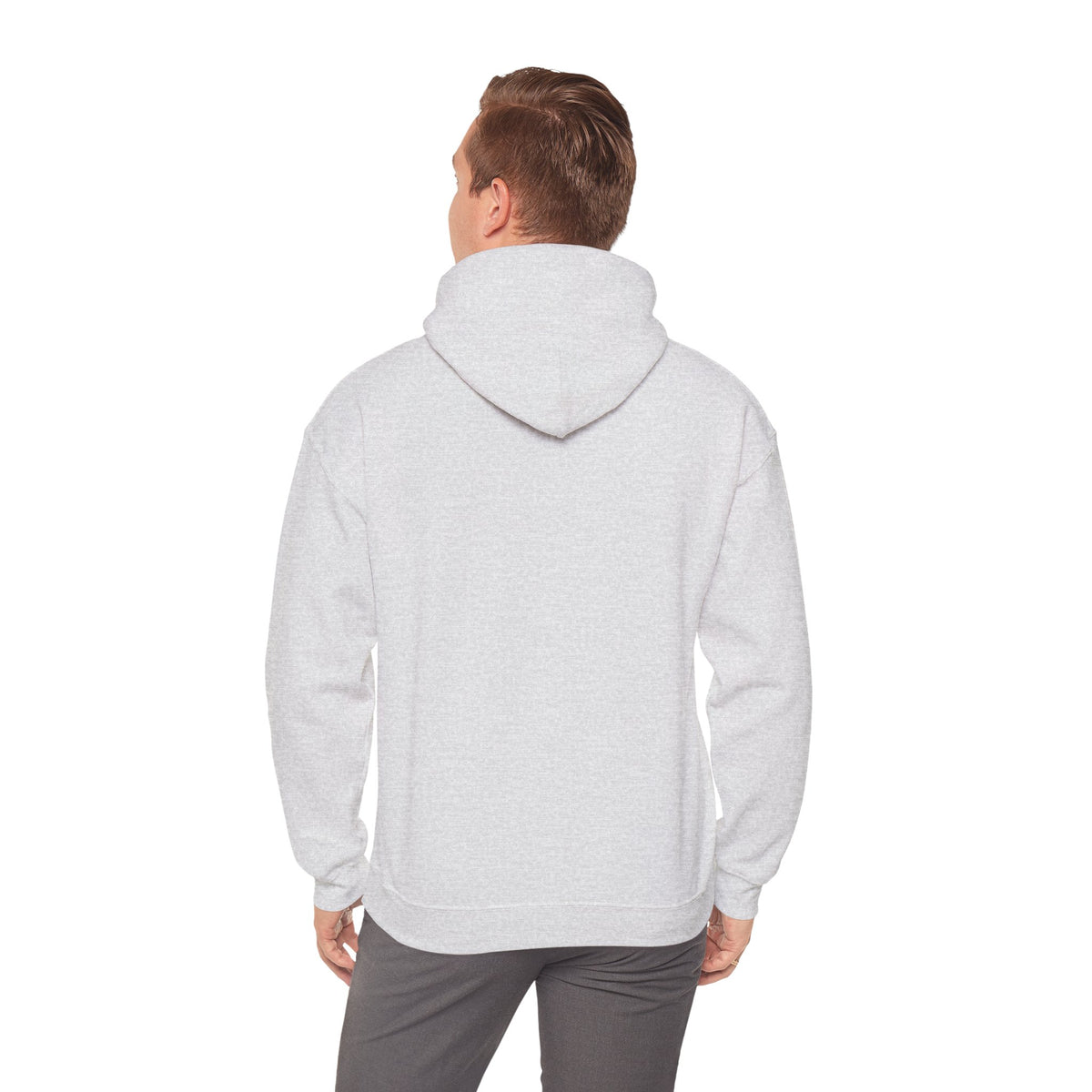 Ash gray hoodie back view with hood and long sleeves