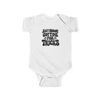 White baby bodysuit with “Ain’t nobody got time for tricks” Halloween text graphic