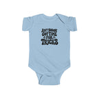 Light blue baby bodysuit with “Ain’t nobody got time for tricks” Halloween text graphic