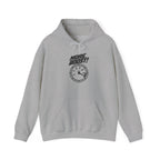 Sport grey pullover hoodie with drawstring hood and front gauge graphic
