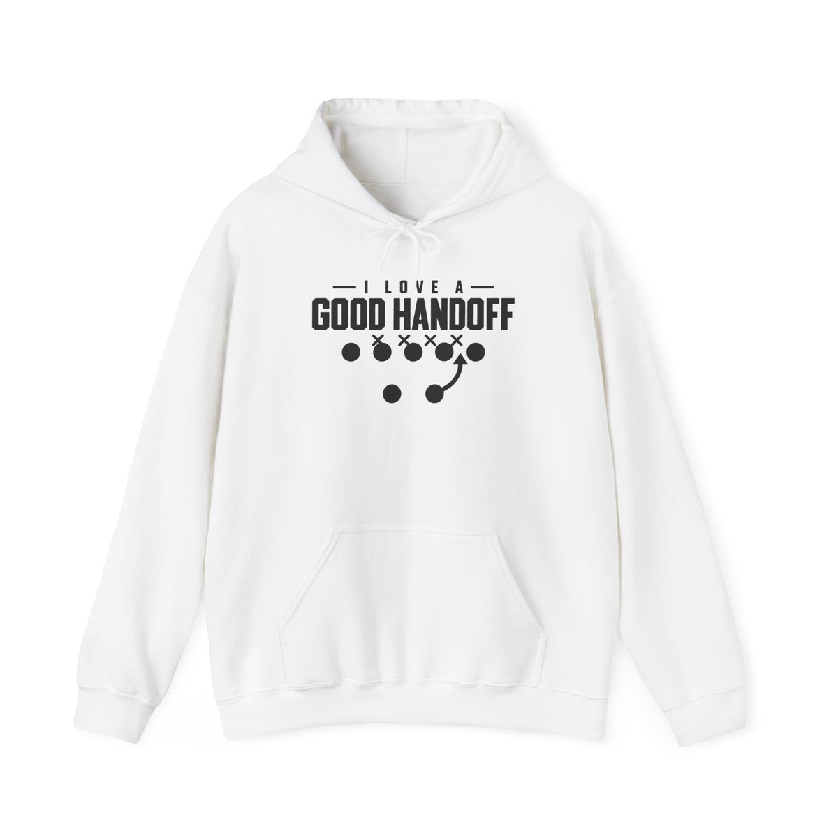 White football hoodie with hood, front pocket, and “GOOD HANDOFF” graphic