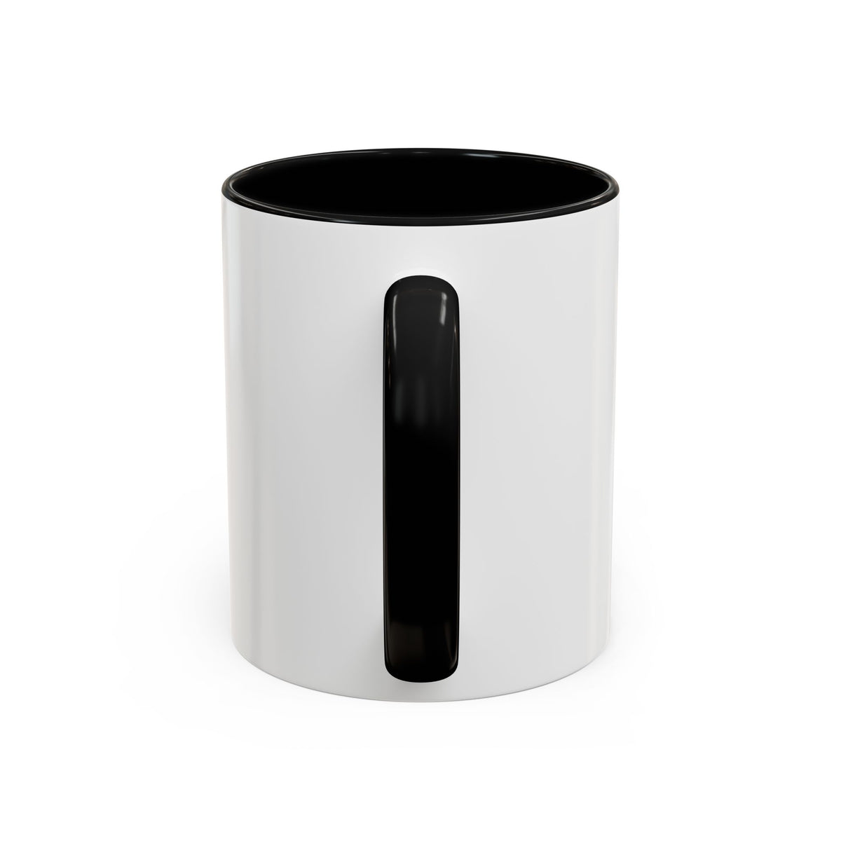 White mug with black interior; tall glossy black accent on the front