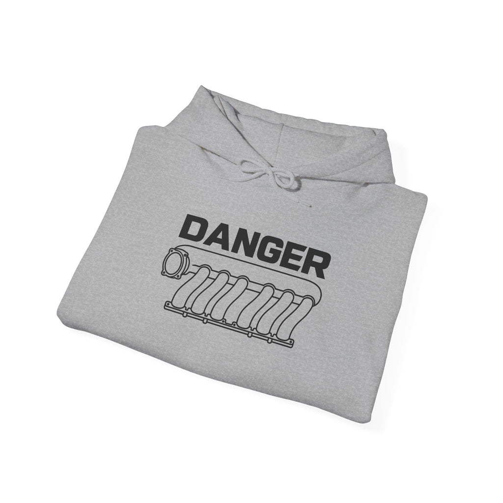 Sport grey hoodie with DANGER engine graphic on front, laid flat