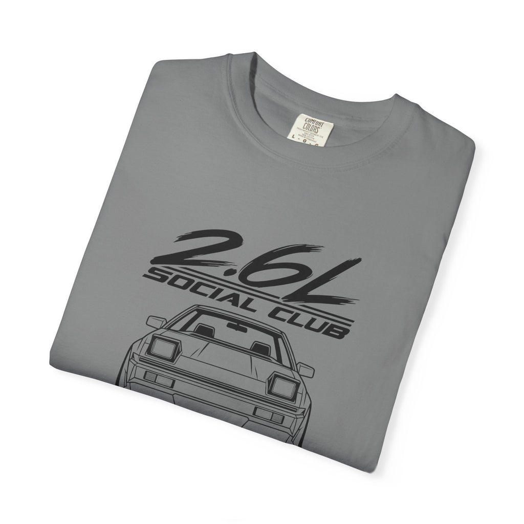 Grey JDM T-shirt with large 2.6L Social Club car logo graphic