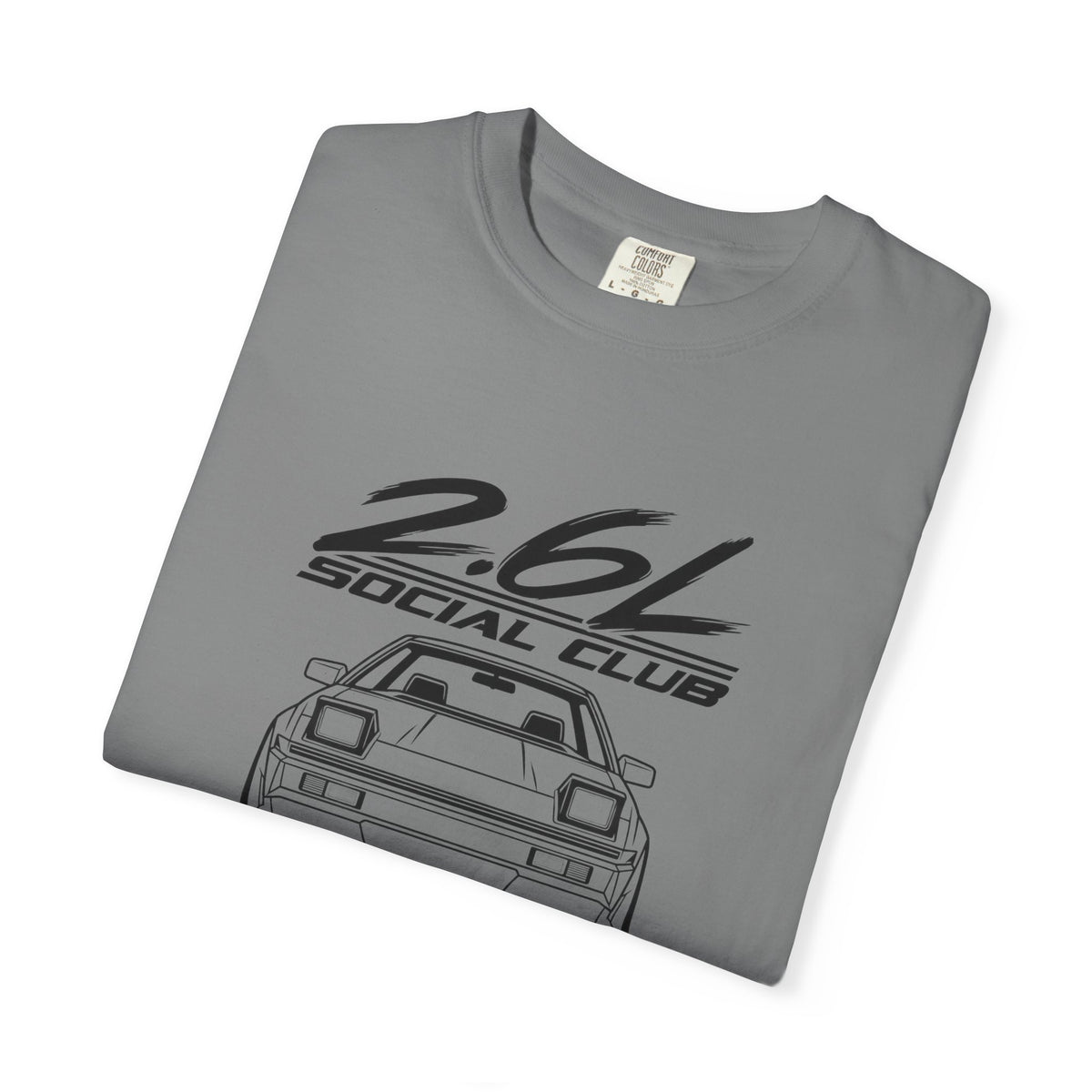 Grey JDM T-shirt with large 2.6L Social Club car logo graphic