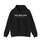 Black pullover hoodie with front “GOLDEN ERA” logo text and kangaroo pocket