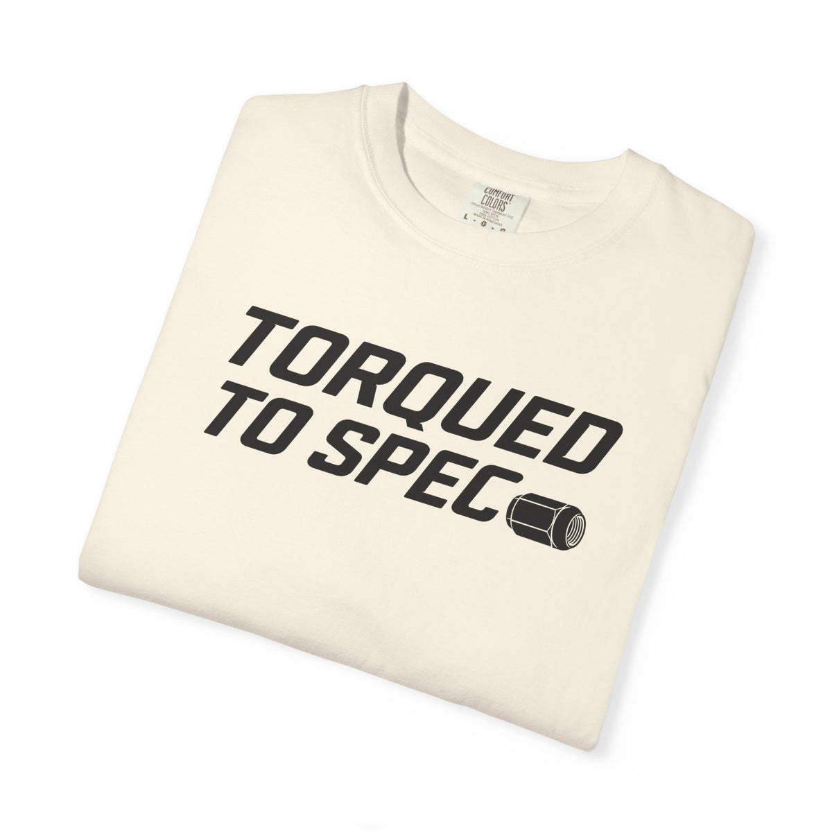 Ivory crewneck graphic T-shirt with large “TORQUED TO SPEC” logo print