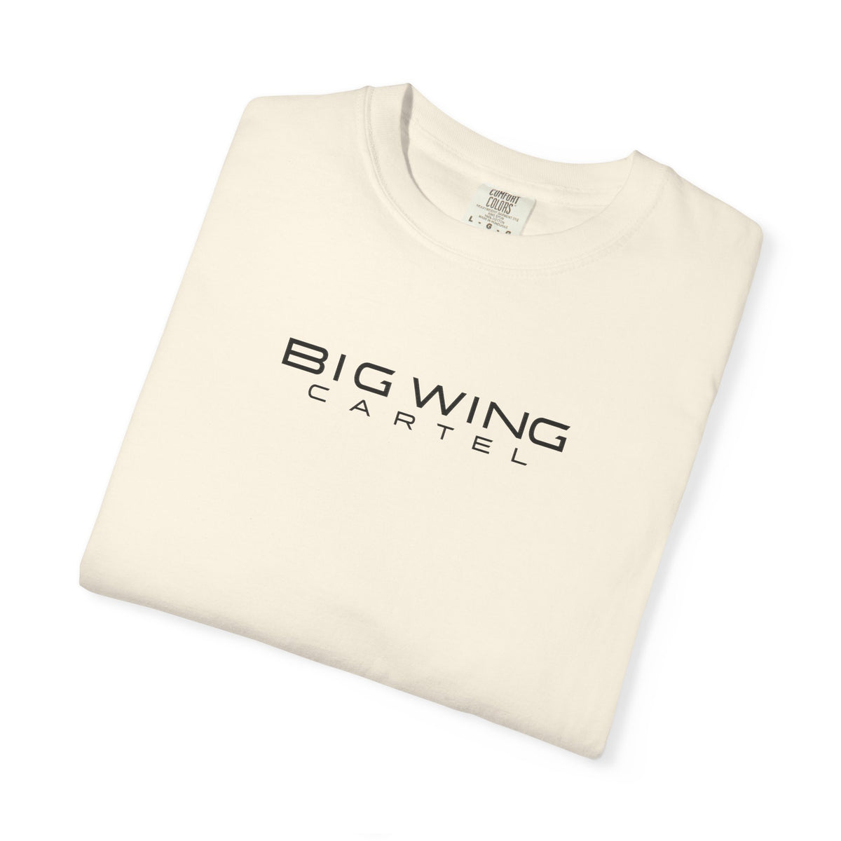Ivory crew-neck graphic T-shirt with Big Wing Cartel logo on chest