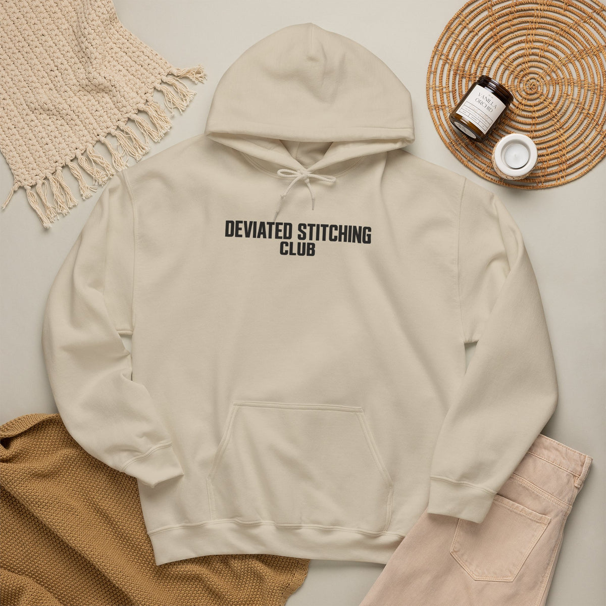 Sand hoodie with drawstring hood, kangaroo pocket, and DEVlATED STITCHING CLUB logo