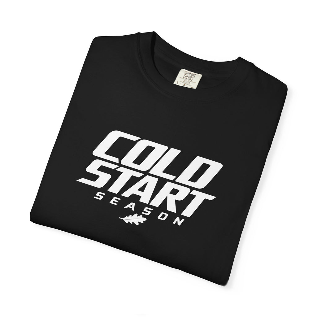 Black graphic T-shirt with "COLD START SEASON" logo, folded flat