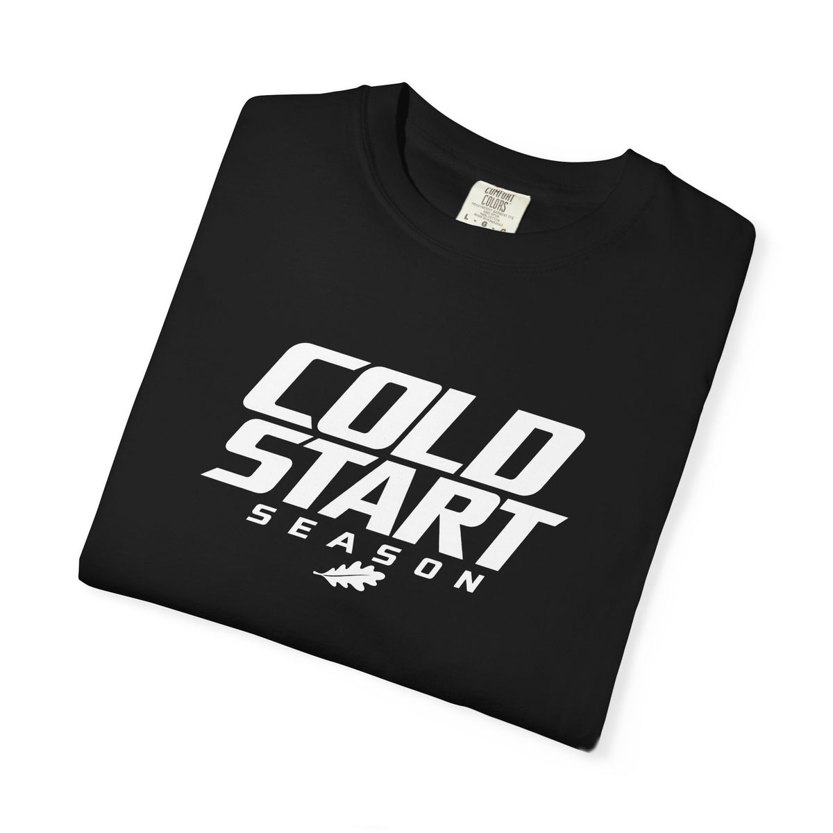Black graphic T-shirt with "COLD START SEASON" logo, folded flat