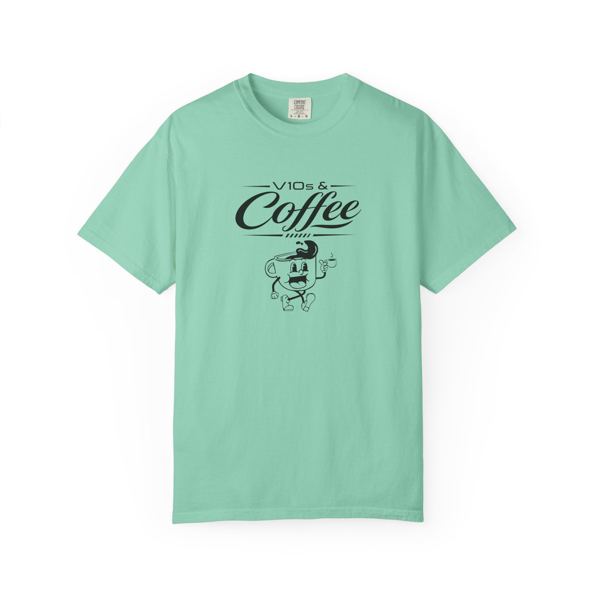 Teal t-shirt with “Coffee” script graphic and cartoon character on front