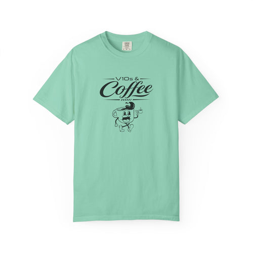 Teal t-shirt with “Coffee” script graphic and cartoon character on front