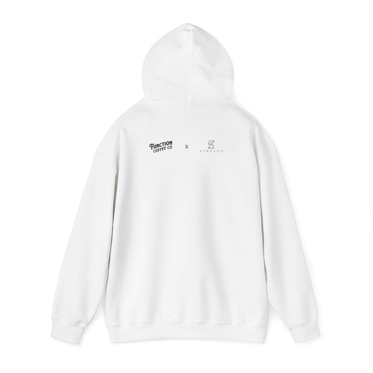White pullover hoodie back view with hood and small logo print across upper back