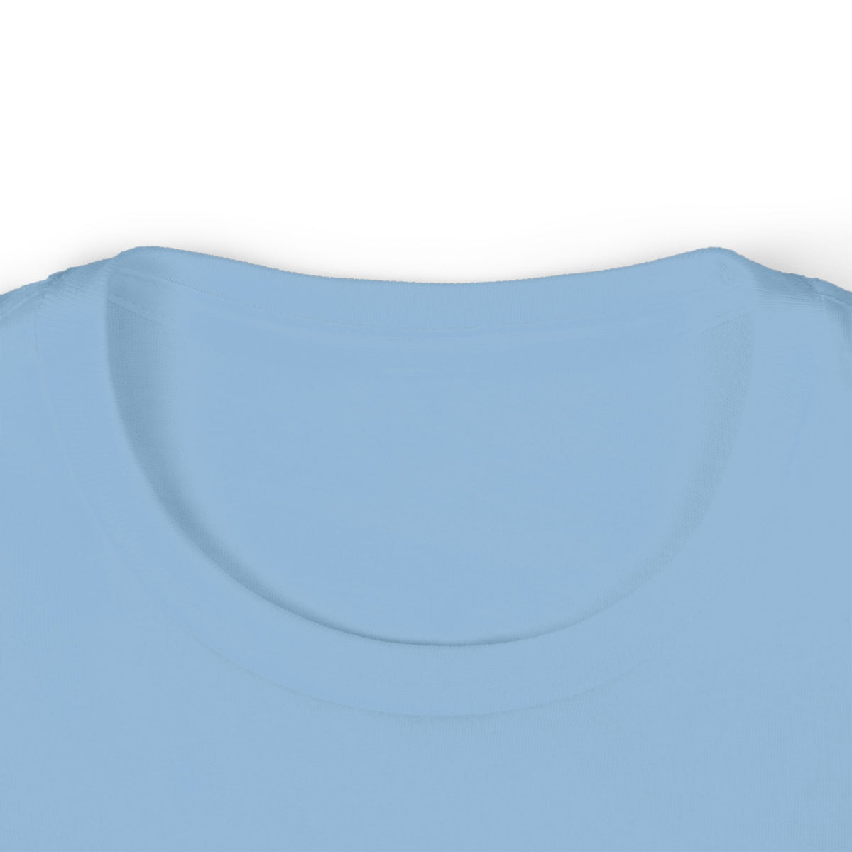 Kids light blue T-shirt back neckline close-up with curved crew neck