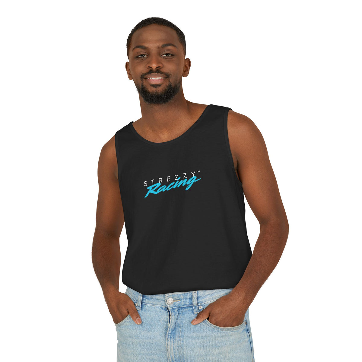 Black Strezzy Racing tank top worn by a man with jeans