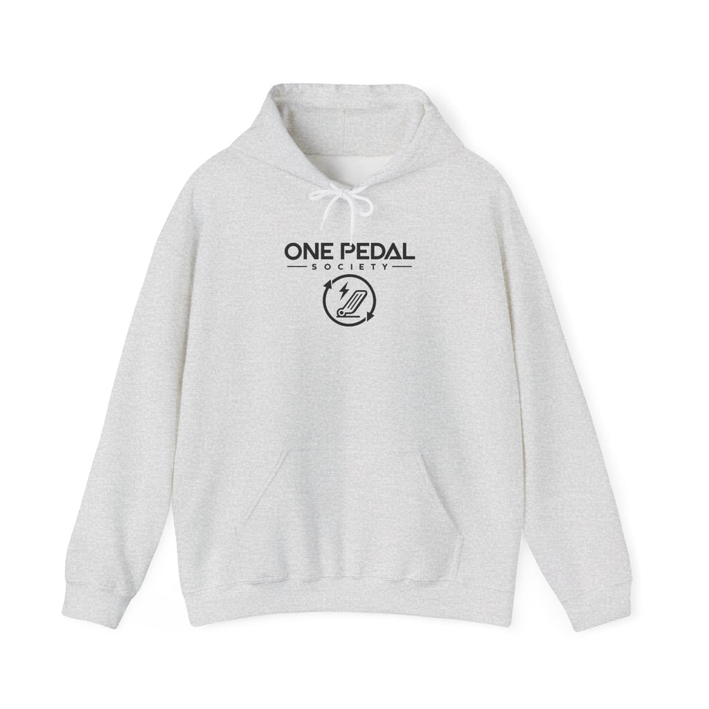 Gray EV hoodie with front logo graphic and drawstring hood pocket
