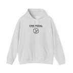 Gray EV hoodie with front logo graphic and drawstring hood pocket