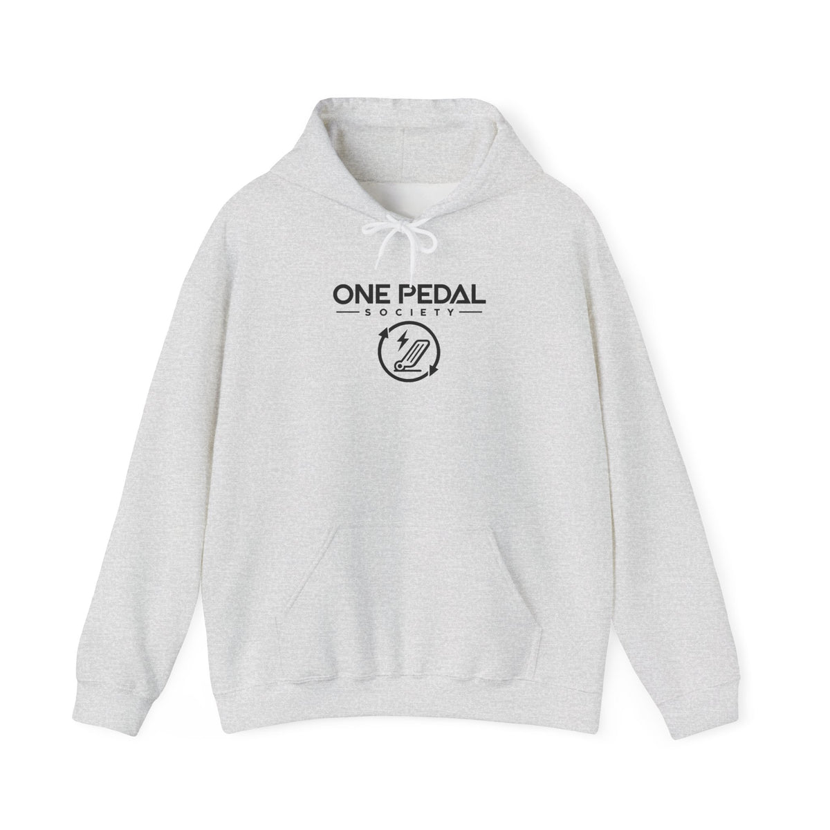 Gray EV hoodie with front logo graphic and drawstring hood pocket