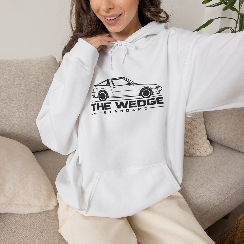 White JDM hoodie on-model with hood drawstrings, front pouch pocket, and car logo graphic