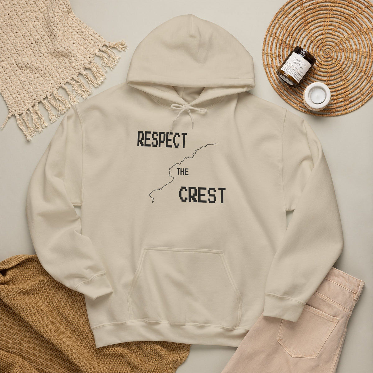 White Respect Crest hoodie with drawstring hood, front pouch pocket, and chest graphic