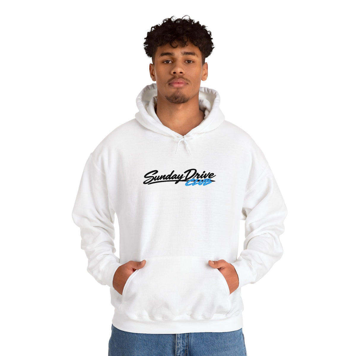 White hoodie on model with embroidered front chest logo and pouch pocket.