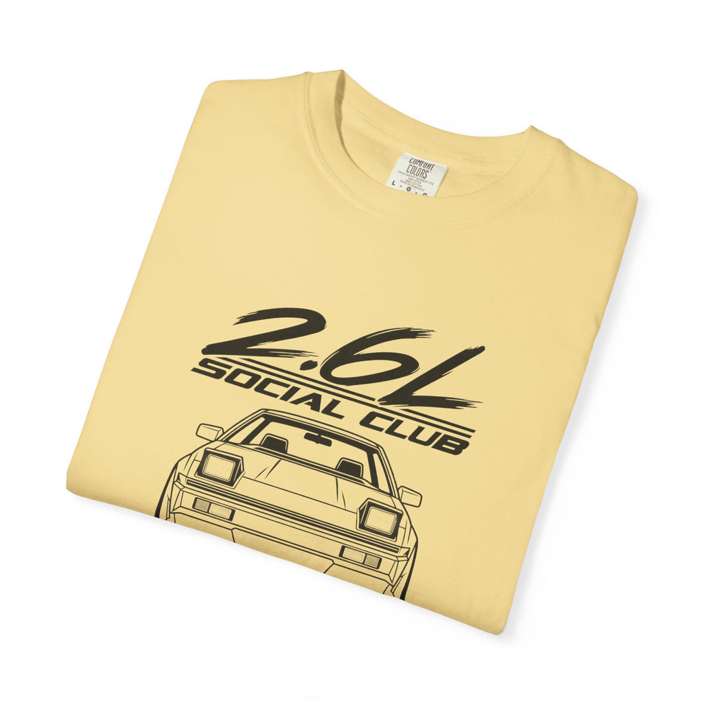 Light yellow crew-neck T-shirt with large front 2.6L Social Club car graphic