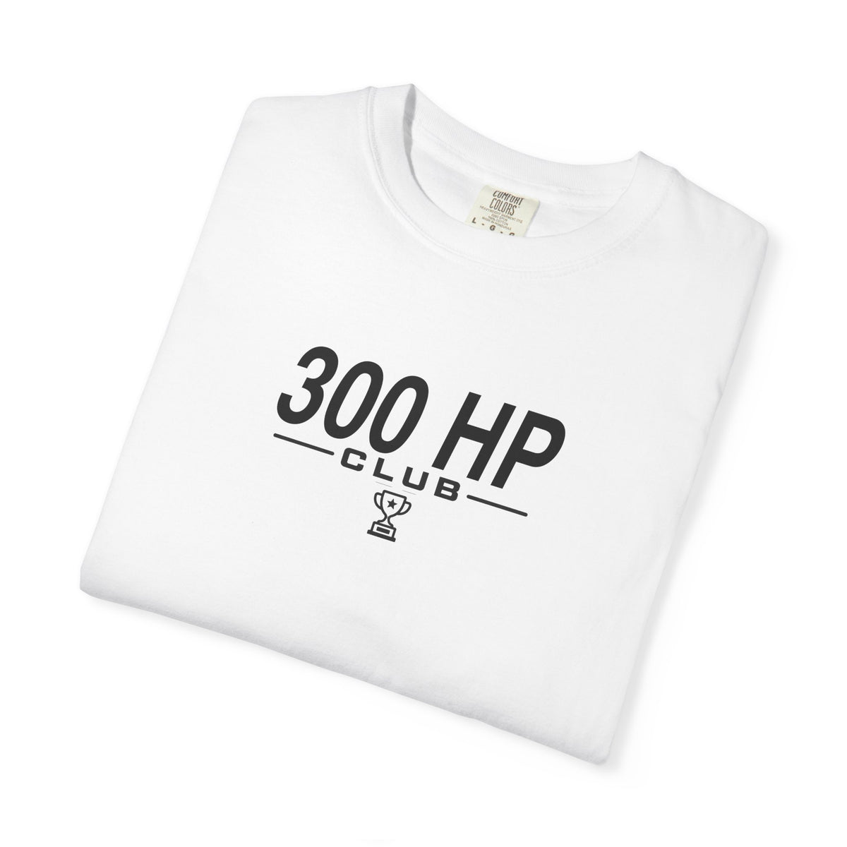 White 300 HP Club T-shirt with front logo graphic, crew neck, short sleeves.