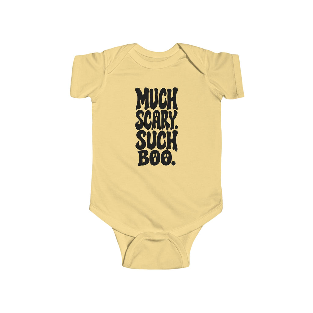 Butter yellow baby bodysuit with short sleeves and “Much Scary. Such Boo.” front graphic.