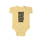 Butter yellow baby bodysuit with short sleeves and “Much Scary. Such Boo.” front graphic.