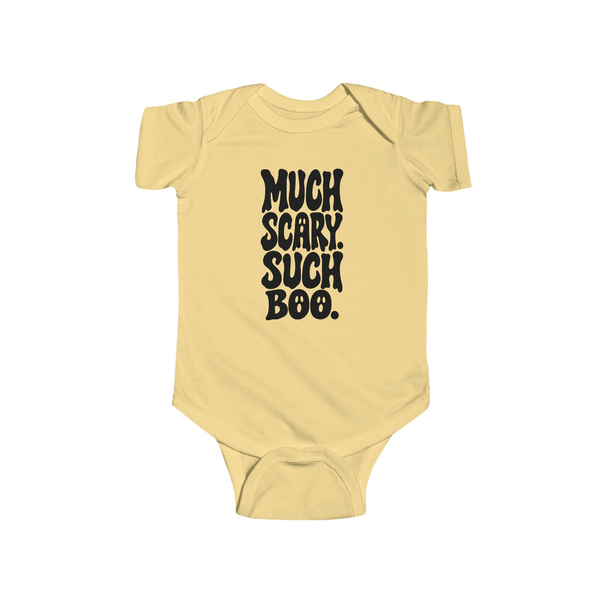 Butter yellow baby bodysuit with short sleeves and “Much Scary. Such Boo.” front graphic.