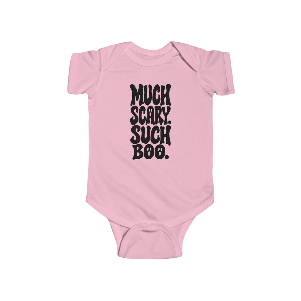 Pink baby bodysuit with short sleeves and “Much Scary. Such Boo.” front graphic.