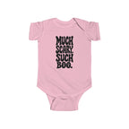 Pink baby bodysuit with short sleeves and “Much Scary. Such Boo.” front graphic.
