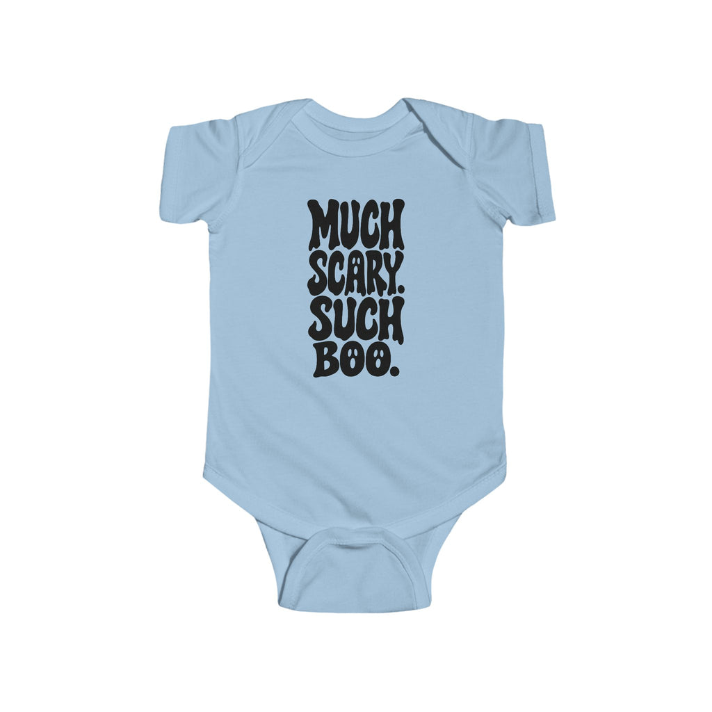 Light blue baby bodysuit with short sleeves and “Much Scary. Such Boo.” front graphic.