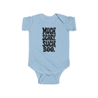 Light blue baby bodysuit with short sleeves and “Much Scary. Such Boo.” front graphic.