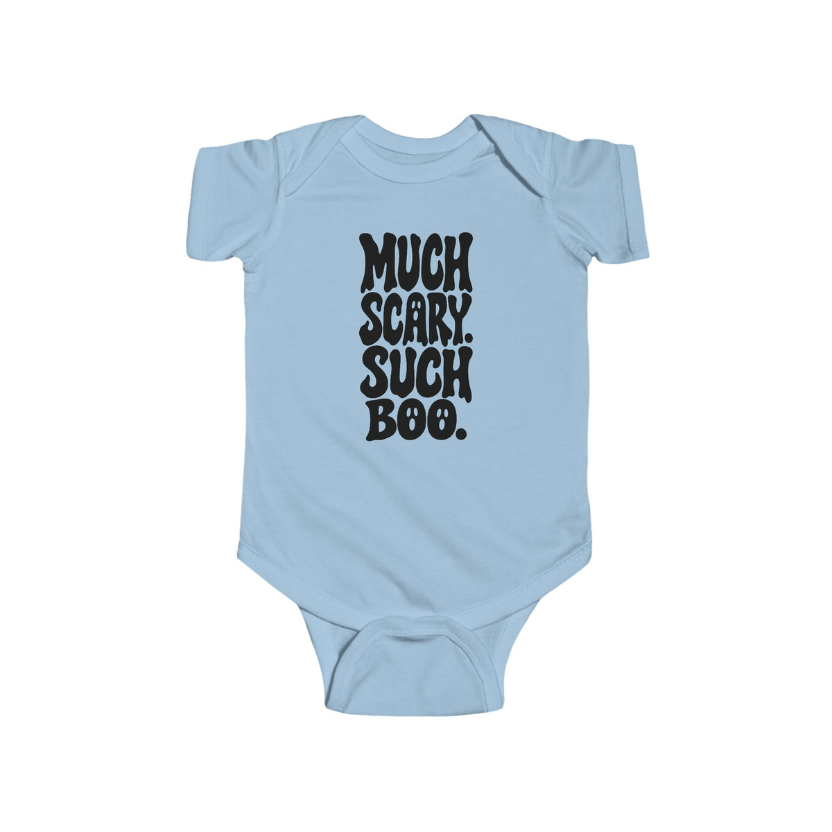 Light blue baby bodysuit with short sleeves and “Much Scary. Such Boo.” front graphic.