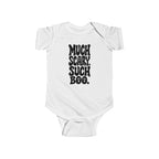 White baby bodysuit with short sleeves and “Much Scary. Such Boo.” front graphic.