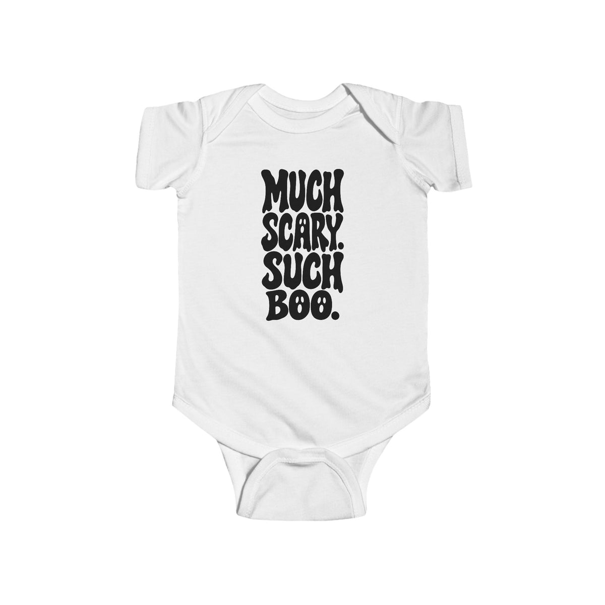 White baby bodysuit with short sleeves and “Much Scary. Such Boo.” front graphic.